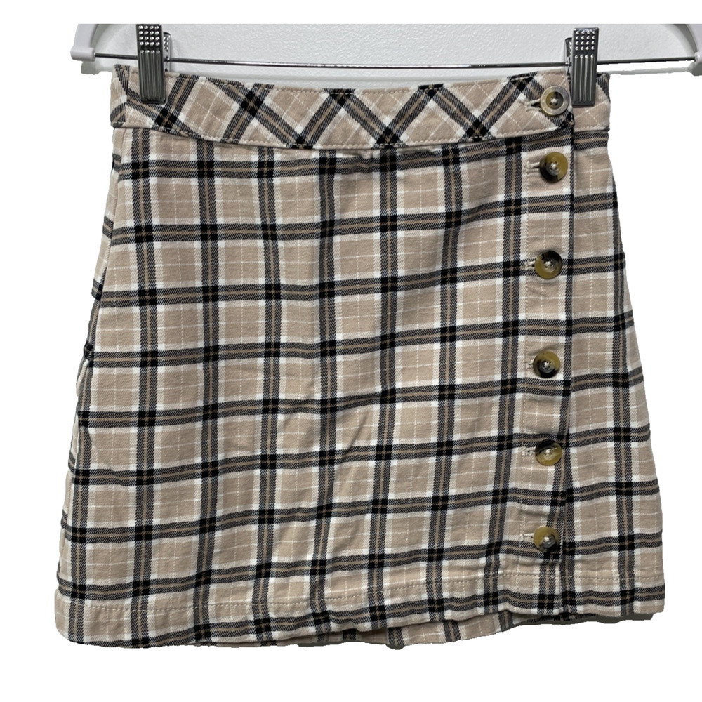 DIVIDED H&M Button Up Plaid Mini Skirt Schoolgirl Tan Black Size 4 100% Cotton